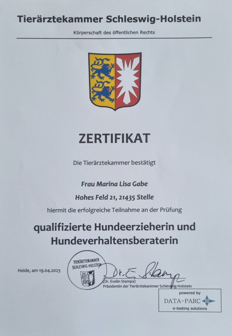 Zertifikat der Tierärztekammer Schleswig-Holstein